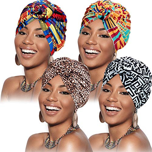 SATINIOR 4 Stücke Afrikanische Kopfbedeckung Turban (Geometrie Leopard Kaffee Stil)