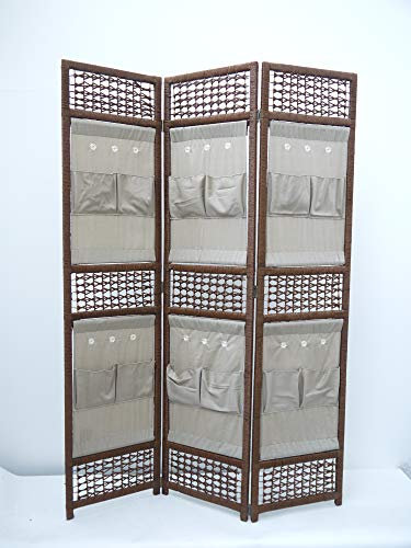 Raumteiler Paravent Sichtschutz 120x167cm in Rattan-Optik, 3 x 40cm 3-teilig mit 12 Stoff-Aufbewahrungs-Taschen