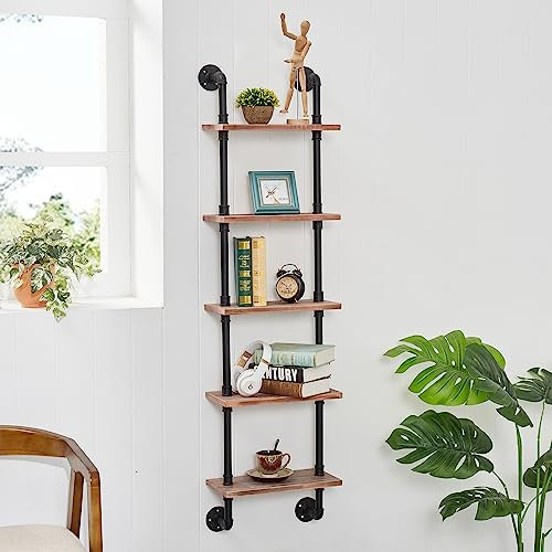 ROGMARS Industrial Pipe Shelves Rustic Wood Ladder Bookshelf Wall Mounted Industrial Floating Shelf for Living Room Decor and Storage 15 inch (5-Tier)