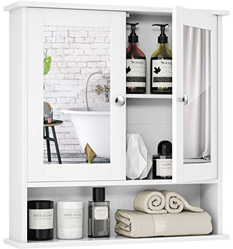 COSTWAY Bathroom Mirror Cabinet, Double Door Wall Mounted Storage Cupboard with Adjustable Shelf and Compartment, Home Kitchen Living Room Display Organiser Unit (White)