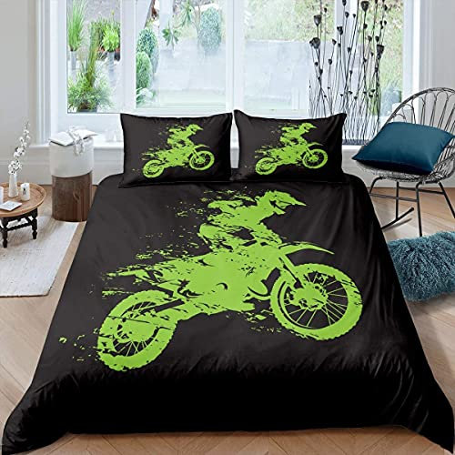 Loussiesd Motocross Fahrer Bettwäsche Set für Kinder Jungen Extremsport Thema Bettwäsche 135x200cm Dirt Bike Motorrad Bettbezug Grün Schwarz Zimmerdekoration Jugendliche Bettbezug Set