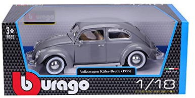 Bburago Volkswagen Käfer (1955): Modellauto im Maßstab 1:18, Türen, Kofferraum und Motorhaube beweglich, grau (18-12029G)