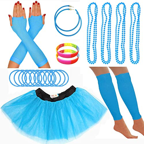 80s Fancy Dress Neon Accessories Tutu Party Costume, Adult Leg Warmers, Fishnet Gloves, 1980s Style Necklace Beads, Neon Hoop Earrings, Gummy Bracelets Womens Hen Party Rave Outfit (Turquoise)