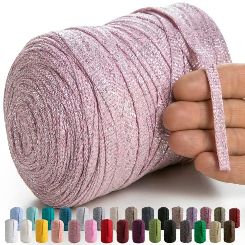 MeriWoolArt® Makramee Textilgarn zum Häkeln und Stricken - DIY glitzern flache T-Shirt Band Garn Dicke 10 mm, 125 m - Recyceltes Baumwollgarn mit Lurex, Viscose (Lurex Rosa)
