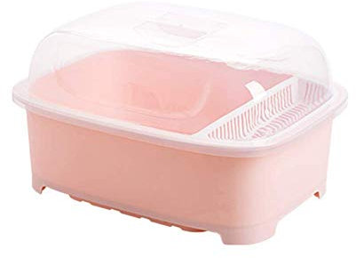 ZJYWMM Dish Drying Rack And Drain Board With Lid Cover,nursing Bottle Holder Kitchen Plate Cup Dish Drying Rack Tray Cutlery Dish Drainer Pink B 40x27x25cm(16x11x10inch)