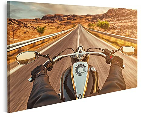 islandburner Bild auf Leinwand Motorrad Fahrer auf einsamen US Highway im Sonnenuntergang Bilder Wandbilder Poster