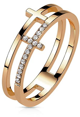 Treuheld® Doppelter Ring mit Kreuz und Kristallen | Farbe: Rosegold - Größe: 57