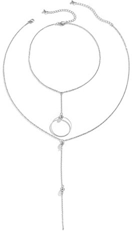 Mesnt Ketten Damen Modeschmuck Silber, Mehrreihige Kette Kreis Geschichtete Halskette Geschenke für Frauen und Mädchen Mutter Oma BFF, 2 Stücke, Silber