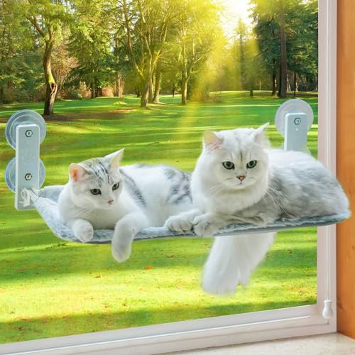 MEWOOFUN Katzen Hängematte Fensterplätze für Katzen 54x30cm Klappbar Katzenbett Fenster mit Stabil Saugnäpfe bis zu 18kg (Grau, Groß)