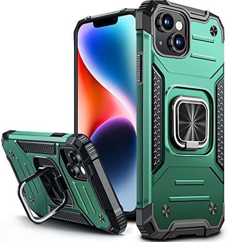 Vakoo Hülle für iPhone 14 und iPhone 13, Militär Stoßfest Handyhülle mit 360 Grad Metal Ring Halter Ständer Schutzhülle (6,1 Zoll), Dunkelgrün