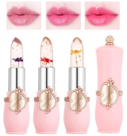 Tinted Lip Balm, Colour Changing Lip Balm 3Packs Clear Flower Jelly Lipstick Nutritious Moisturizer Balm Natural Lip Protection Lip Repair Gifts For Teenage Girl (Red+Yellow+Purple)