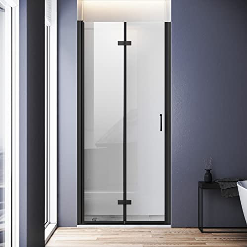Porta doccia 80 cm, colore nero, porta a soffietto a nicchia 180° nero, rivestimento nano 6 mm, vetro di sicurezza ESG, box doccia, altezza 195 cm