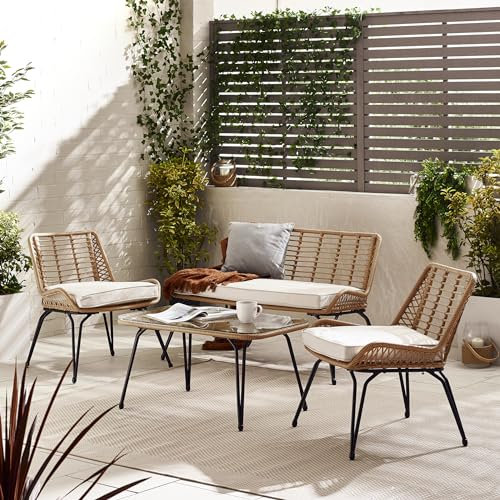Furniturebox UK Lisbon Natural Beige Wicker Style Rattan Outdoor Sofa & Chair Set, PE Rattan & Beige Cushions, 2 Chairs 2 Seater Garden Bench & Coffee Table