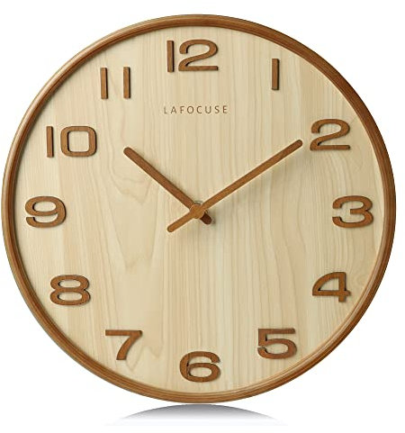 Lafocuse Holz Lautlos Wanduhr Beige Vintage, 3D Ziffern Retro, Wanduhr Ohne Ticken Geräuschlos Deko Wohnzimmer Schlafzimmer Küche 30cm