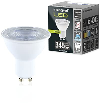 Integral Ampoule LED GU10 10 PACK lumière du jour froide 6500K, 400LM, 3,6W (équivalent à 50W) non dimmable -Efficace en énergie et idéale pour les spots et projecteurs dans les salles de bains