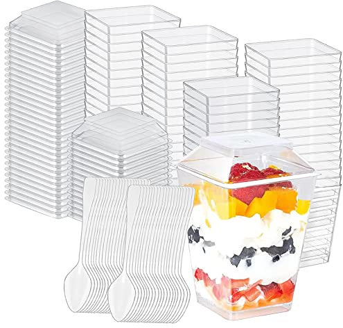 XHDA 150ml Mini Dessert Cups with Lids and Spoons, 50 Pcs Reusable Plastic Cups for Dessert Pudding Mousse Party