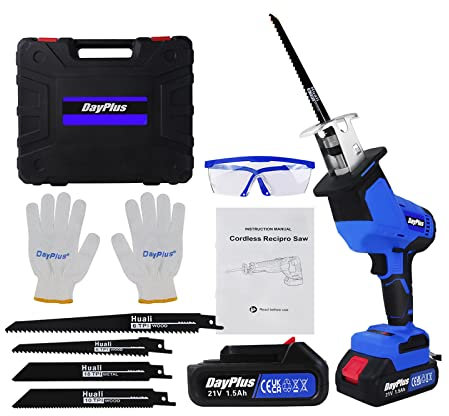 21V Akku Säbelsäge mit 1x 1500mah Akku, 3000 U/min, 4 Sägeblätter für Holz, Metall, PVC, Werkzeugloser Blättwechsel, mit Akku und Ladegerät