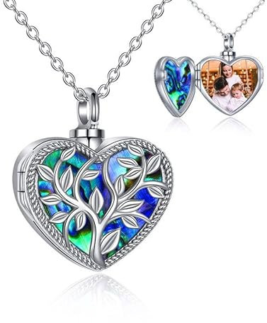 JERWLI Cremation Urn Halskette für Asche Sterling Silber Abalone Shell Baum des Lebens Medaillon Halskette die Bilder hält Herz Einäscherung Andenken Memorial Asche Schmuck für Frauen Männer