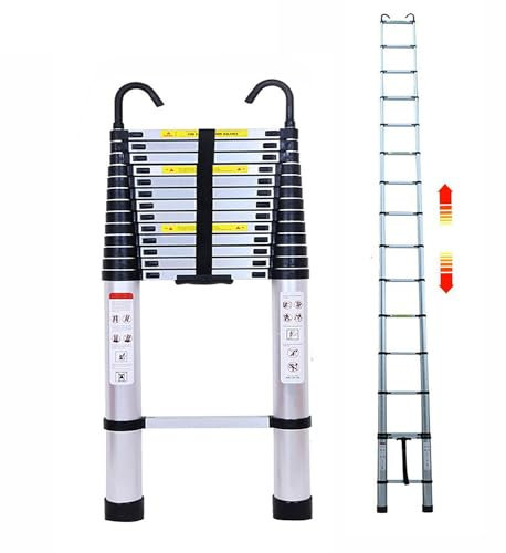 4.4M Extendable Alumimium Telescopic Ladder with Stable Hooks, Lightweight Portable Loft Ladders, Extension Ladder Max Load 150kg