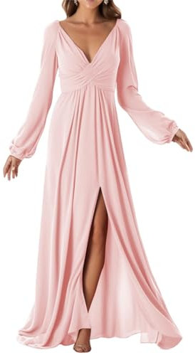 Long Sleeve Bridesmaid Dresses with Slit Chiffon Formal Dress for Women Blush Pink UK12