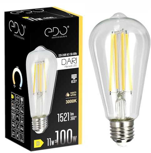 EDO Dekorative Glühbirne LED DARI E27 Filament 11W Warmweiß 3000K 1521lm CLEAR ST64 Leuchtmittel Energiesparlampe Lampe Dekorative Ideal für Retro- und Industrial-Design