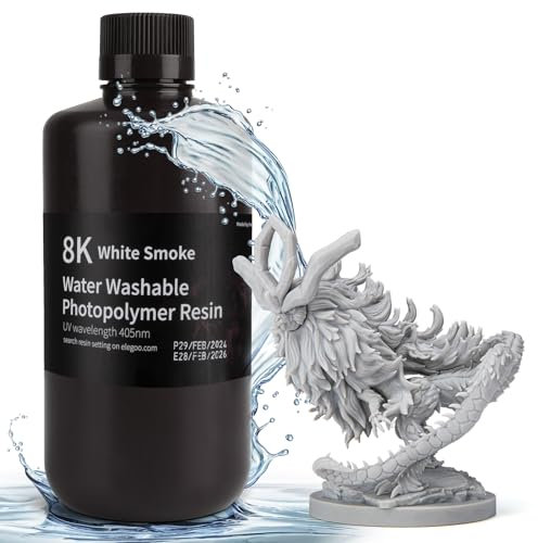 ELEGOO 8K Wasser abwaschbar Photopolymer Resin 405nm LCD UV-härtende Harz am besten für Saturn 2, Saturn 3 und Andere 8K oder Höher Resin 3D Drucker Weißer Rauch 1000G