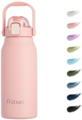 Autsel Bouteille Isotherme 1.7L Gourde Inox Isotherme avec Paille Gourde Sport Étanche Gourde Musculation avec Poignée, pour Le Sport, La Randonnée, La Maison, en Plein Air