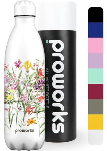 PROWORKS Bouteille d'eau Isotherme, sans BPA, réutilisable en Acier Inoxydable, Chaude Pendant 12 Heures et Froide jusqu'à 24 Heures, Sport, Salle de Sport, Voyage 1 L – Tout Blanc – Botanique