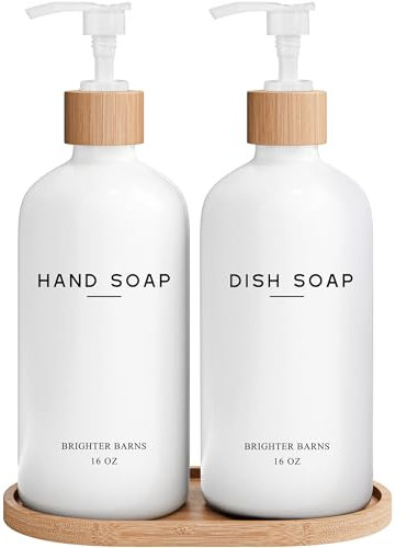 Brighter Barns Hand- und Spülseifenspender-Set aus weißem Glas – Küchenseifenspender-Set mit Tablett – Flüssigseifenspender für Küchenspüle – Einweihungsgeschenk, Küchendekoration, Boho-Dekor (weiß)