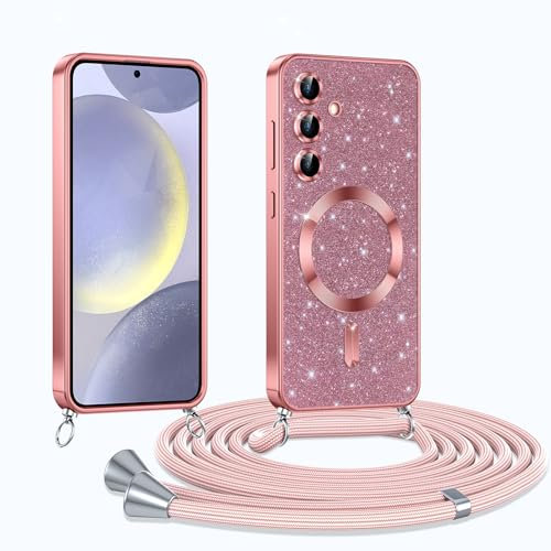 Phoona Coque pour Samsung Galaxy S24 5G avec Cordon, Etui à Paillettes Compatible avec MagSafe, Antichoc Protection Coque pour Magnétique avec Réglable Collier, Rosa