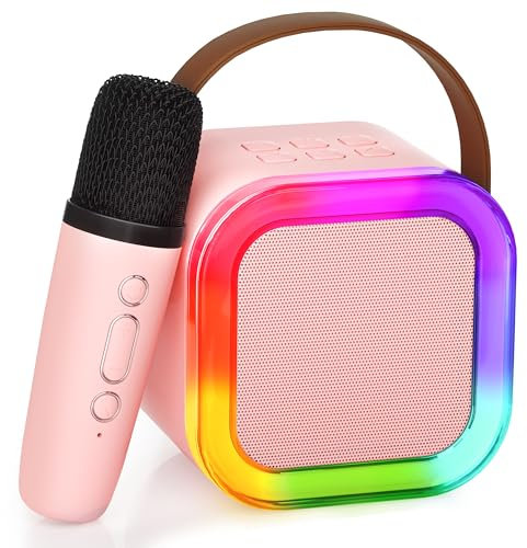Ankuka Mini Machine à karaoké Bluetooth, 2024 Jouets karaoké avec 1 Microphone pour Les fêtes d'anniversaire des Filles de 4, 5, 6, 7, 8, 9, 10, 12 Ans, avec éclairage d'environnement LED. (Rose)