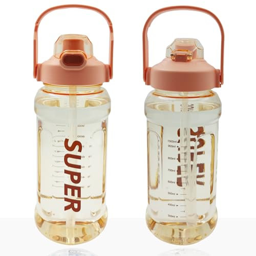 Bouteille de sport 1.5L, Bouteille d'eau portable avec poignée et paille, Bouteille étanche pour le gymnase, le camping, la randonnée et le cyclisme, Bouteille d'eau en Tritan sans BPA (1500ml Pink)