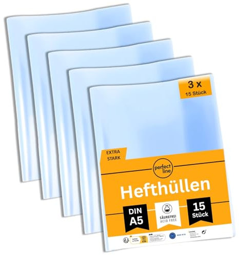 perfect line 45 Hefthüllen DIN-A5, Glas-Klar & Extra-Stark, Heftumschlag transparent, Heftschoner aus recyclebarem PP, dokumentenecht, 3 Sets á 15 Stk.