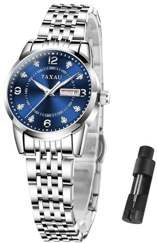 Taxau Armbanduhren für Frauen Silber Luxus Uhren Edelstahl Wasserdicht Analog Quarz Blue Face Mode Uhren Frauen Luminous Date Uhr Reloj para Mujer