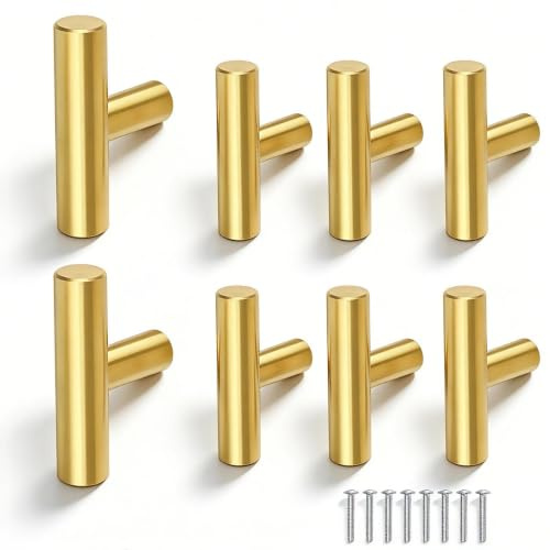 LWLWA Möbelgriffe T Form, Gold Schubladenknopf, 8 Stück | Verdicken Schrankgriff Edelstahl, Tieflochschrauben Zarte Textur Stark und Robust, für Schubladen Schränke