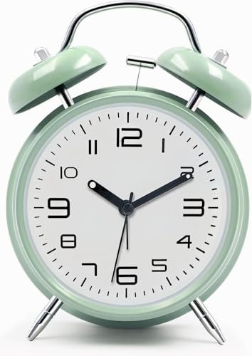 Loud Alarm Clock for Heavy Sleepers Adults, Metal 4 Inches Twin Bell Battery Operated Alarm Clocks for Bedrooms Decoration, Silent Non-Ticking (Mint Green)