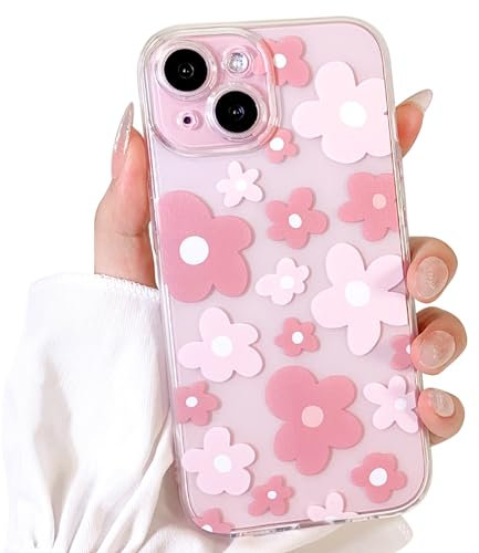 NITITOP Compatible with iPhone 15 Plus Case Cute Clear Pink Flower Floral Pattern Design for Girls Women Soft TPU Shockproof Protective Phone Cover Girly - Pink Flower