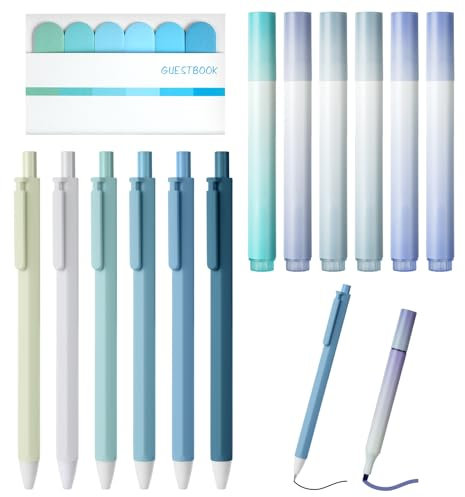 OFFCUP 13 Stück Schulsachen, Textmarker Pastell Set, 6 Highlighter Pens 6 Gelstifte Schwarz 0,5mm, Klebezettel, Marker Stifte Set Einziehbare Gelschreiber Aesthetic Stifte für Journal Bibel Büro
