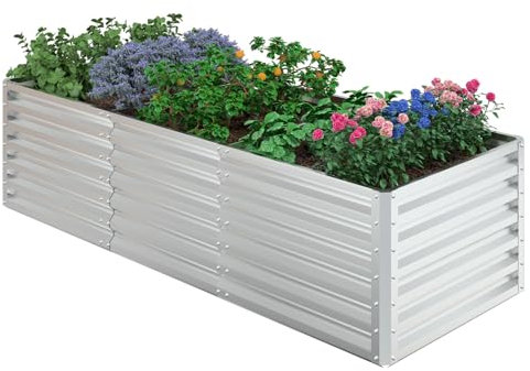 UDPATIO Bancal alto de metal, 240 x 60 x 90 cm, zinc y aluminio, para jardín y balcón, jardinera de 1296 L para el cultivo de verduras, flores y frutas, plata