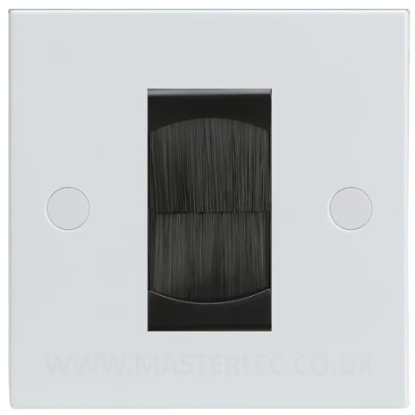 White Single 1 Gang Brush Cable Entry Wall Plate Black Insert Square Edge