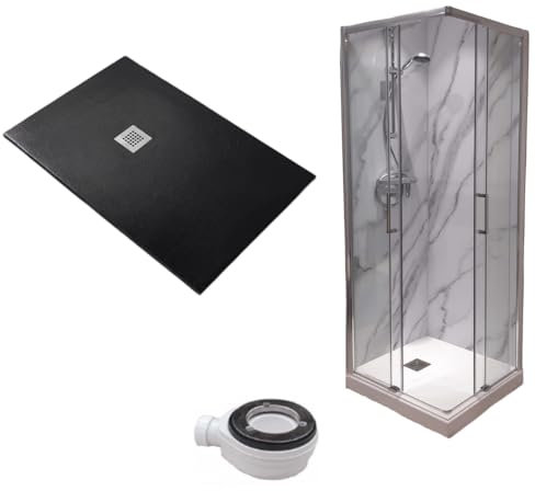 Piatto Doccia 75X120 cm Extra Slim Nero + Box doccia 75x120 cm Alto 200 cm Con Apertura Ad Angolo