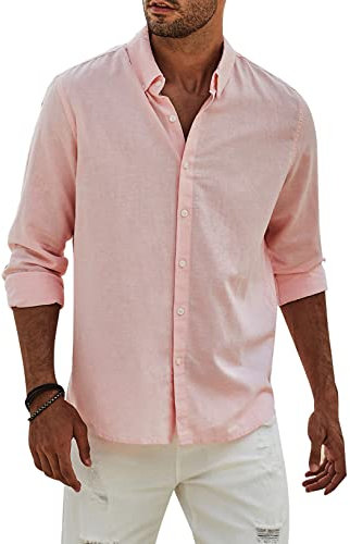 Elegancity Camicia Lino Uomo Manica Lunga Elegante Camicia Uomo Casual con Bottoni Cotone Regular Fit con Bottoni Tinta Unita，Rosa L