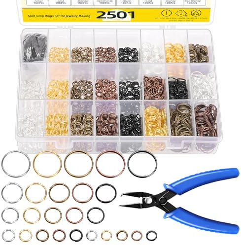 Mardatt 2501 Stück 5mm 6mm 8mm 10mm 14mm Split Jump Ringe Set, mehrfarbige Doppel Loop Jump Ringe und Split Ring Zangen für DIY Halskette Armband Craft Making