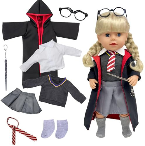 Babypuppenkleidung für 14-18 Zoll Baby Puppen, 8 Stück Puppen Kleidung Zauberschuluniform mit Umhang Pullover Weißem Hemd Krawatte Faltenrock Zauberstab Socken Brille, 35-45cm Neue Babypuppenkleidung