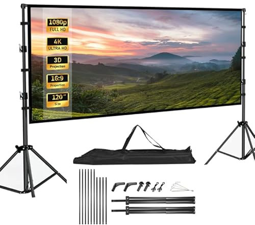 Pantalla videoproyector de 120 pulgadas plegable de 16: 9 4K HD, pantalla de proyección en pie, pantalla proyector con bolsa de transporte para cine en casa, oficina, viaje