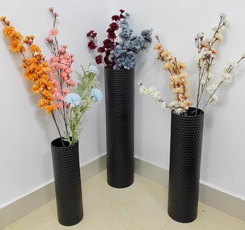 Bodenvase Groß Schwarz, Metall Bodenvasen für Wohnzimmer 70/55/40cm, Bodenvase Große Set of 3, Moderne Wabenstruktur Extra Große Hohe Bodenvasen, Metall Standvase für Wohnzimmer Kamin Flur Ecke Büro