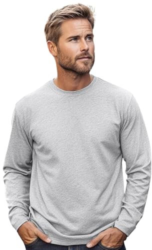 Men’s 100% Soft Organic Cotton Heather Grey Long Sleeve T-Shirt Crew Neck Casual Training Hiking Workout Athletic Tee (Heather Grey, S)