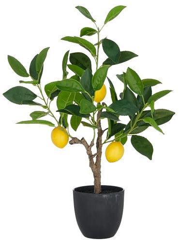 CREATIV green künstliches Zitronenbäumchen 48cm I Künstlicher Zitronenbaum mit 3 Zitronen im Kunststofftopf 11,5x10,5cm mit Erde I mediterrane Pflanzen als Sommer Deko I hochwertige Kunstpflanzen
