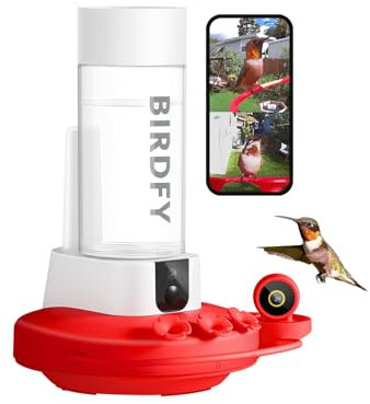 Birdfy Hummingbird Feeder with Dual Cameras - 2K HD Smart Cameras Solar Powered, Close-Up Bird Video/Live Watching & Instant Notifications, Ant Moat & Leakproof for Outdoor Hanging - 20oz