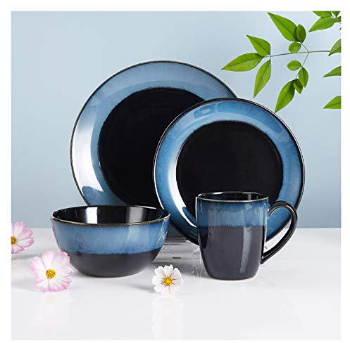 Essteller-Sets für Haushaltsteller und -schüsseln, langlebige Essteller-Sets aus Keramik, blaues Geschirrset, 4-teilig, Essteller, Salatteller und Becher